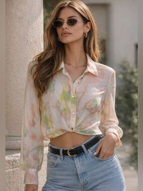 Nine West Blouse XS Sheer Pastel Tie Dye Button Up Crop Lightweight